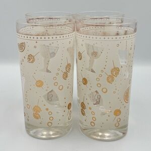 Vintage MCM Gailstyn Sutton White & Gold Cocktail Motif Collins Glasses Set of 4